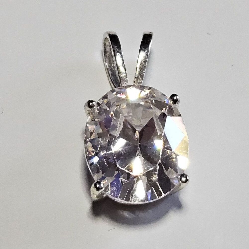 Sterling Silver Large Clear Oval Rhinestone Pendant